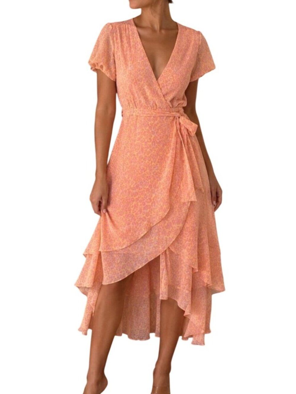 Betsey Johnson Pink & Yellow Leopard Print High-Low Wrap Dress Size 4